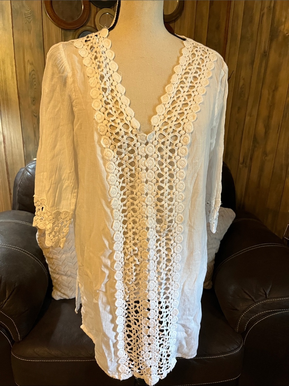White Crochet Front V-Neck Tunic with Lace Panel and Sleeves Swim Cover up